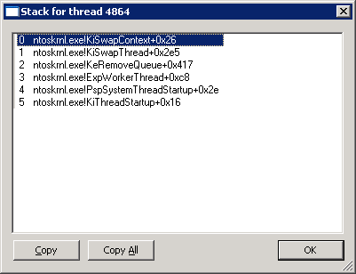 Stack trace of the ntoskrnl.exe thread consuming most CPU time.